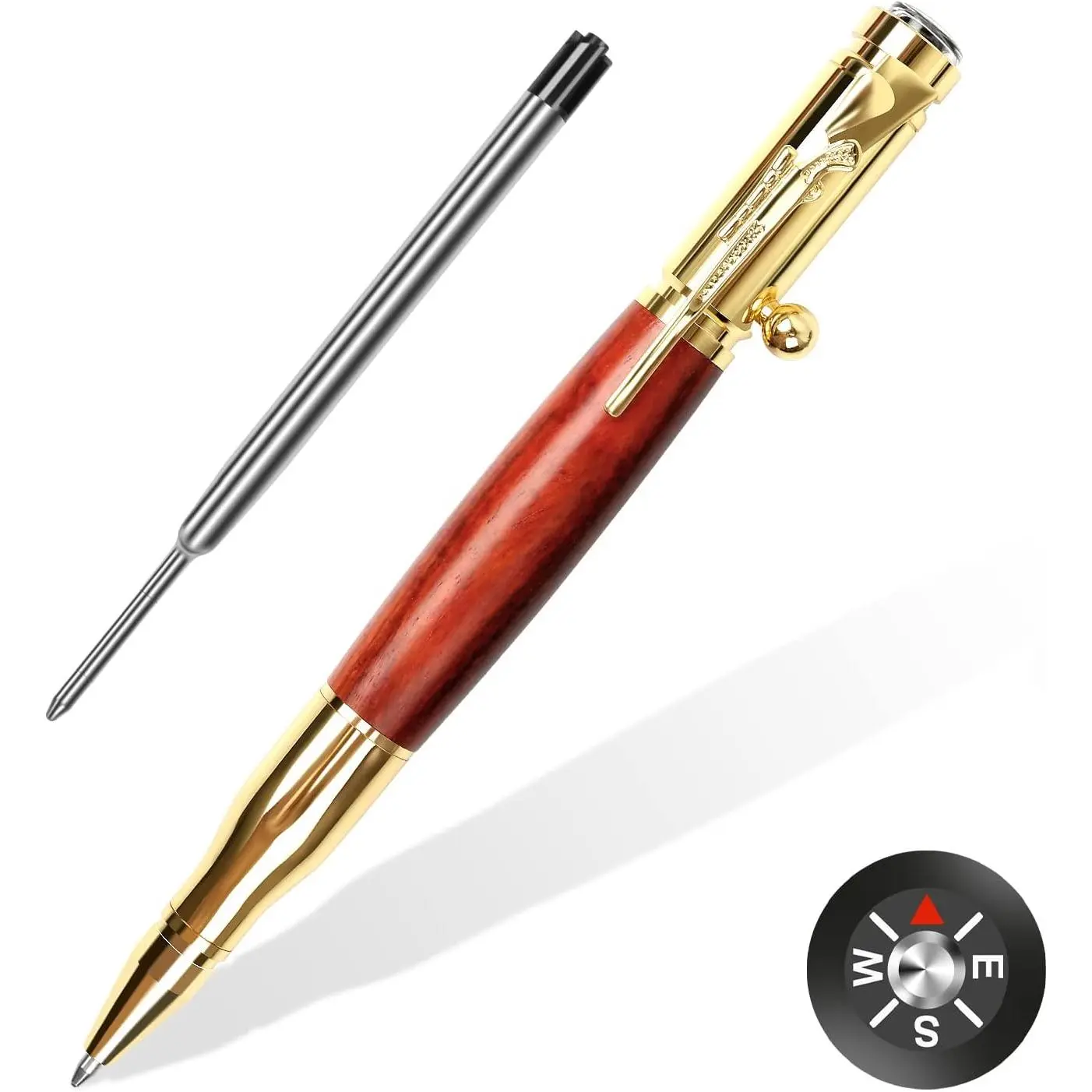 Bolt Action Pen with Compass & Extra Refill, Christmas Gifts Thanksgiving Day  Cool Gadgets for Men Wooden Ballpoint Pens Luxury Gel Ink Pens Medium Point 1.0mm Black Ink,3.53Oz(Pack of 1)