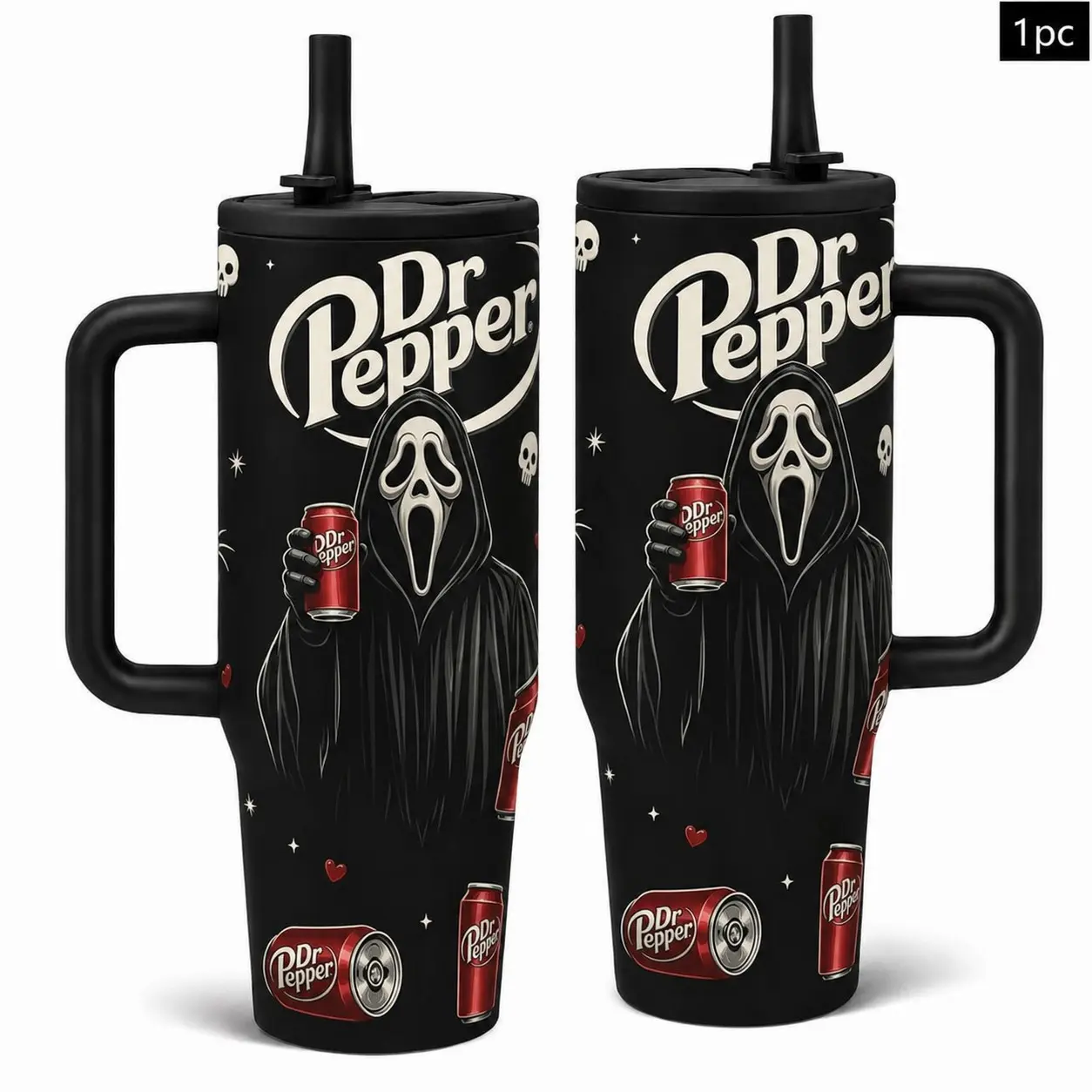 1PC 40OZ Black Retro Soda Screaming Horror Mask Pattern Portable Insulated Tumbler with Handle & Leak-Proof Lid, Double Wall Vacuum Travel Mug, Keeps Cold 24H / Hot 12H, Large Capacity Cup for Men and Women, Halloween and Birthday Gift