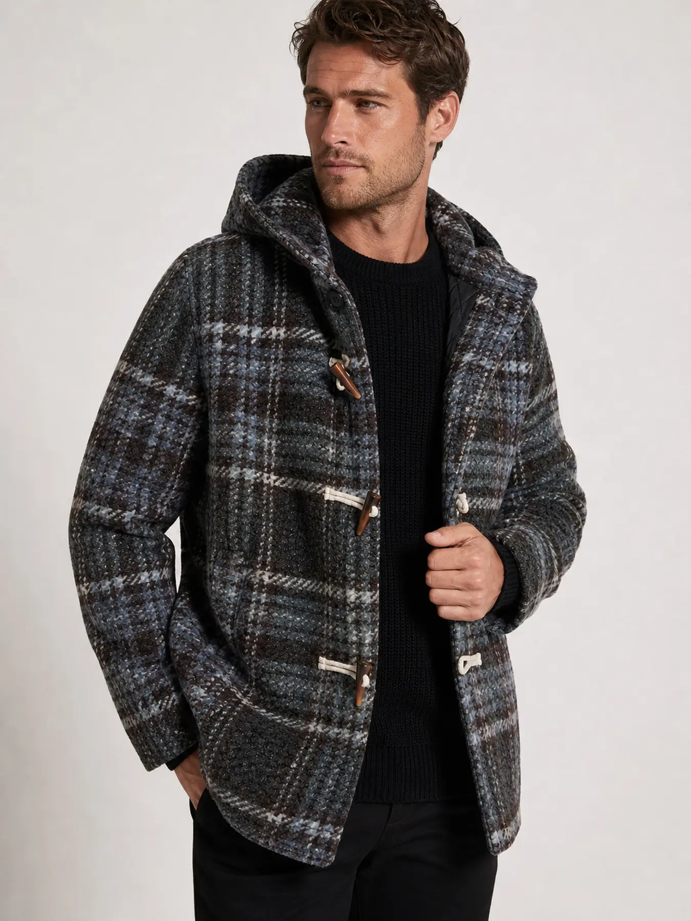 1. PC Men's Retro Small Flannel Hooded Jacket with Thick and Loose Fit, A piece for winter, a hooded stylish checkered jacket, windproof, warm and comfortable, suitable for daily commuting and outdoor activities