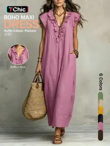 Women's Ruffle V-Neck Long Dress, Elegant Summer Flutter Sleeve Loose Fit Pants, Stylish Ladies' Clothing for Warm Weather, Casual Wear