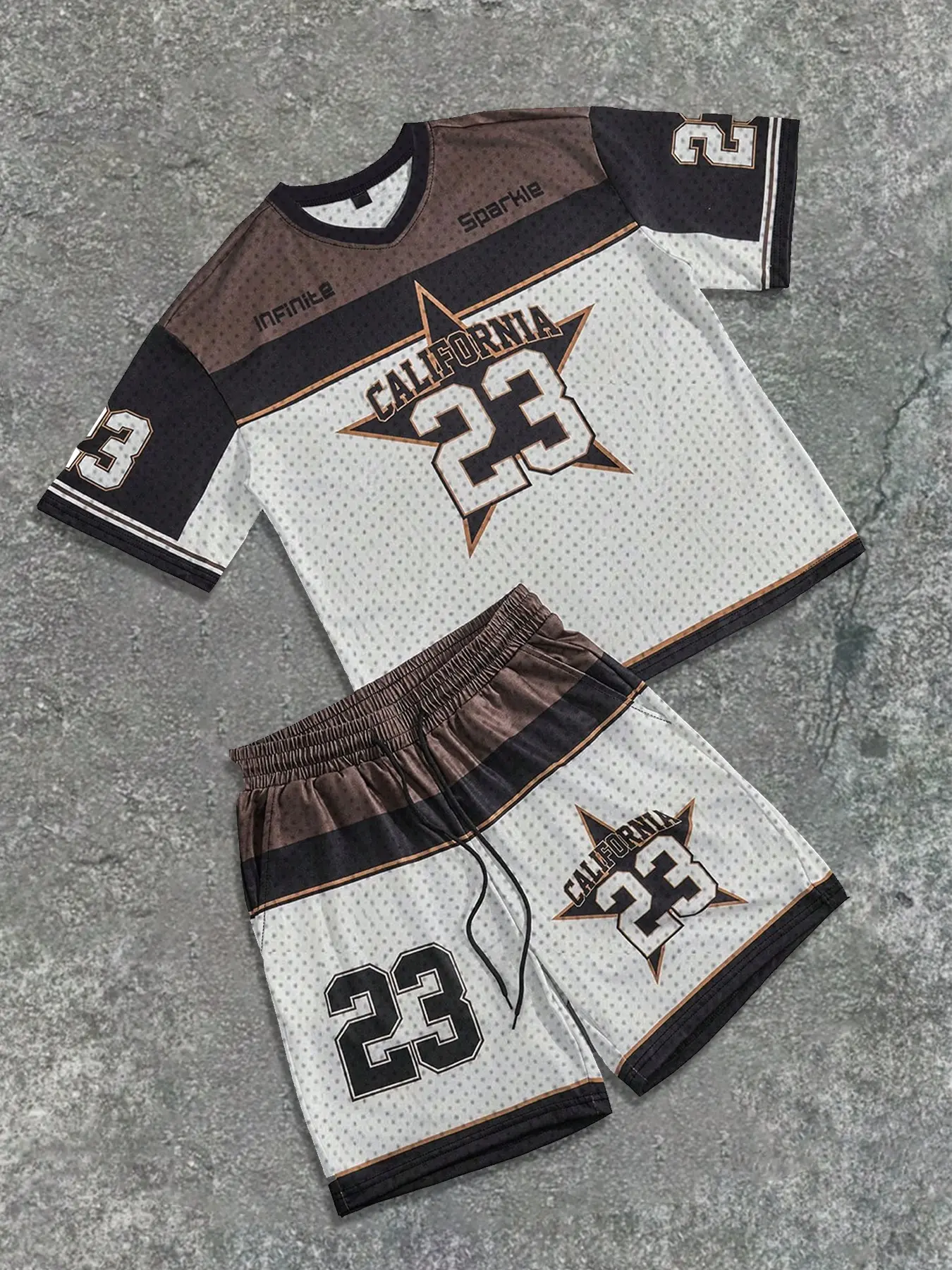 Vintage California 23 Star Mesh Jersey Short Two Piece Set Y2K Retro Color Block V Neck Football Tee + Drawstring Shorts, Oversized Hip Hop Matching Tracksuit, Aesthetic Grunge Summer Sportswear Outfit Loose Fit Athleisure For Men Women Trend