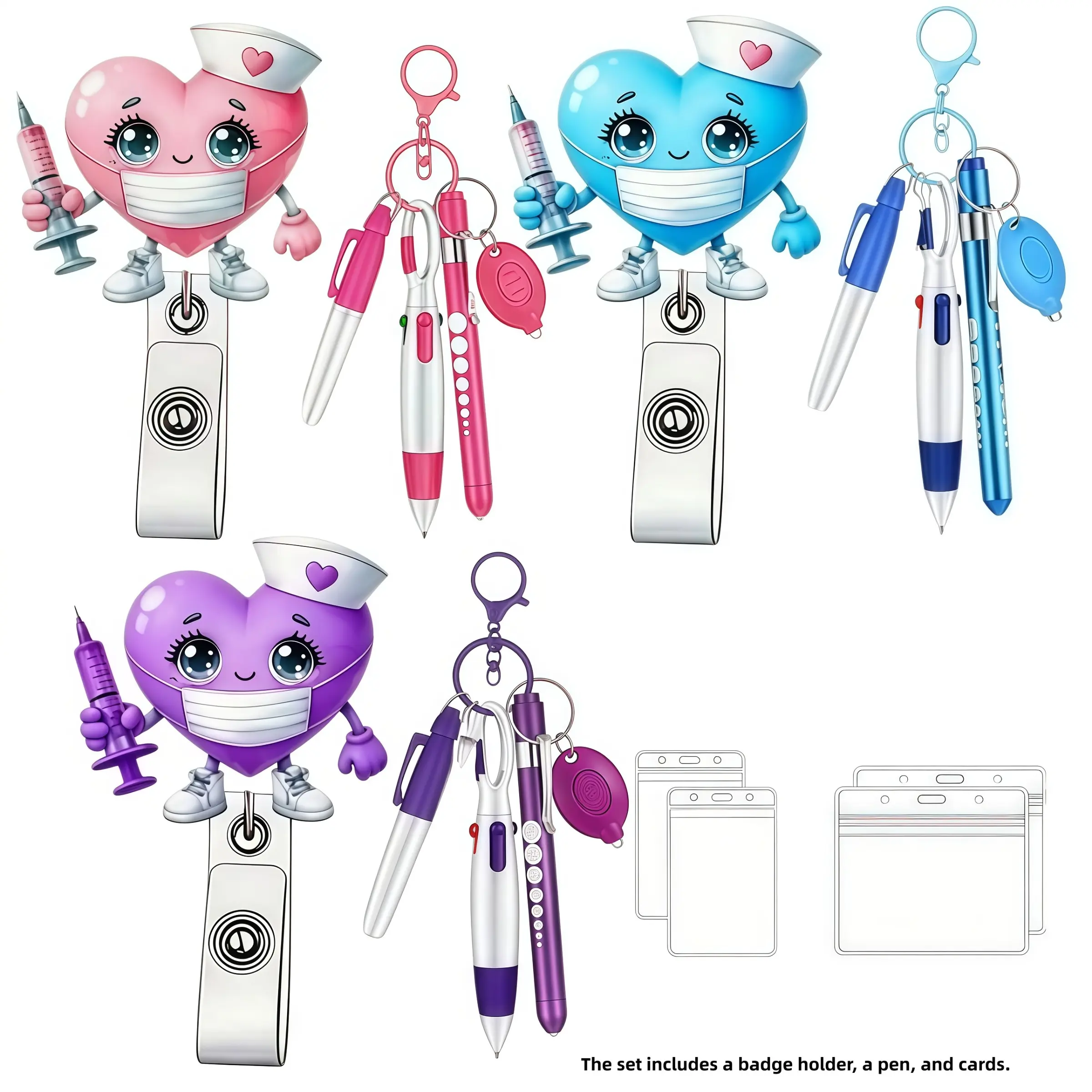 Cartoon Nurse Heart Badge Set, Stretchable Badge Clip, Includes Pen and Blank ID Card Holder, Designed for Nurses, Doctors, Medical Staff