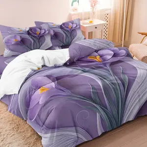3 Pieces Purple Crocus Flower Duvet Cover Set, Elegant Curved Line Floral Printed Bedding, Luxury Romantic Style Bedding For Bedroom Home Decoration, Botanical Bedding Set (1 Duvet Cover + 2 Pillowcases, No Comforter No Pillow)