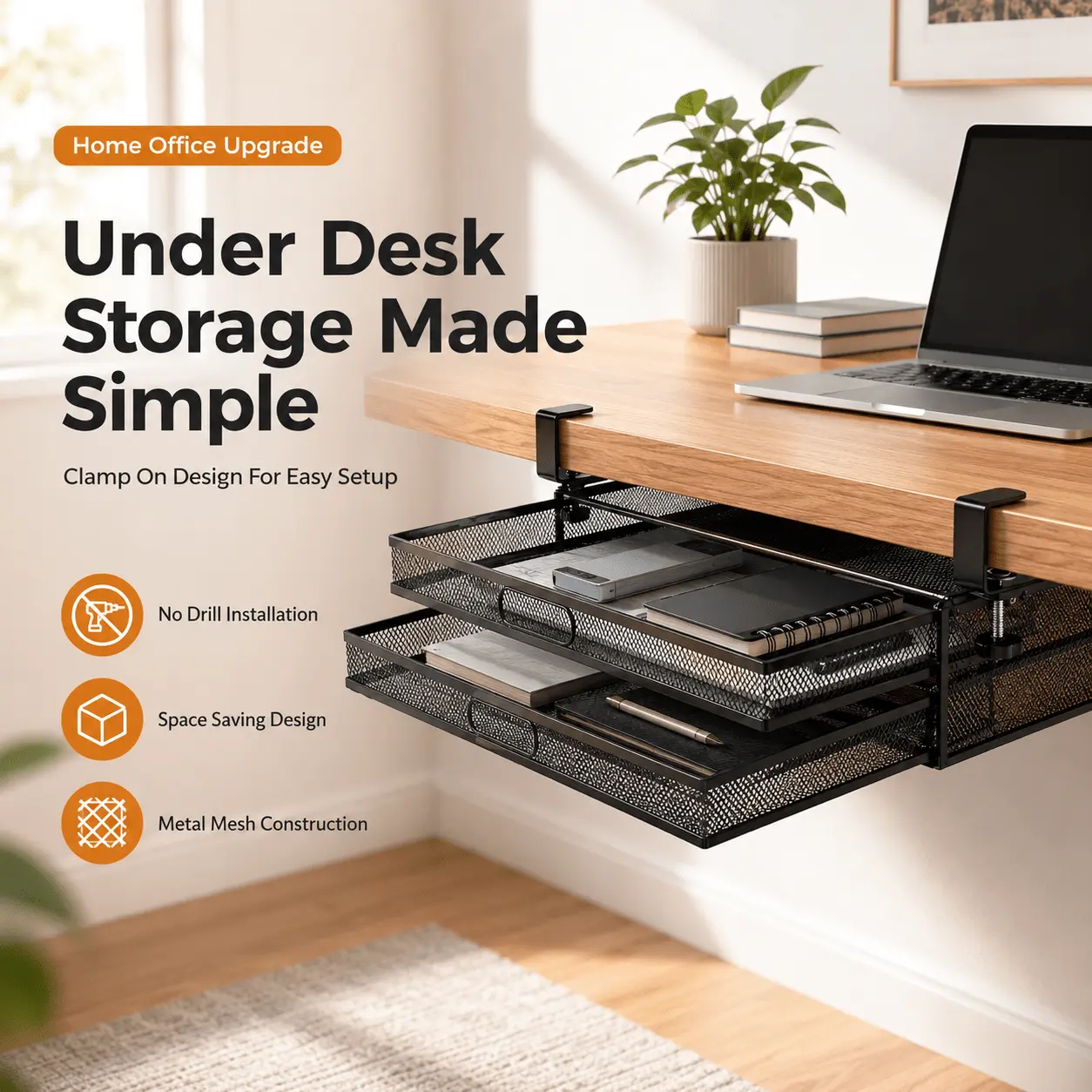 WONGIRL Double-layer Under Desk Drawer Storage Box, No Need for Drilling, Concealed Storage Drawer with Metal Sliding Tray, Large Capacity, Space Saving Desktop Storage Rack, Suitable for Office, Home and Study