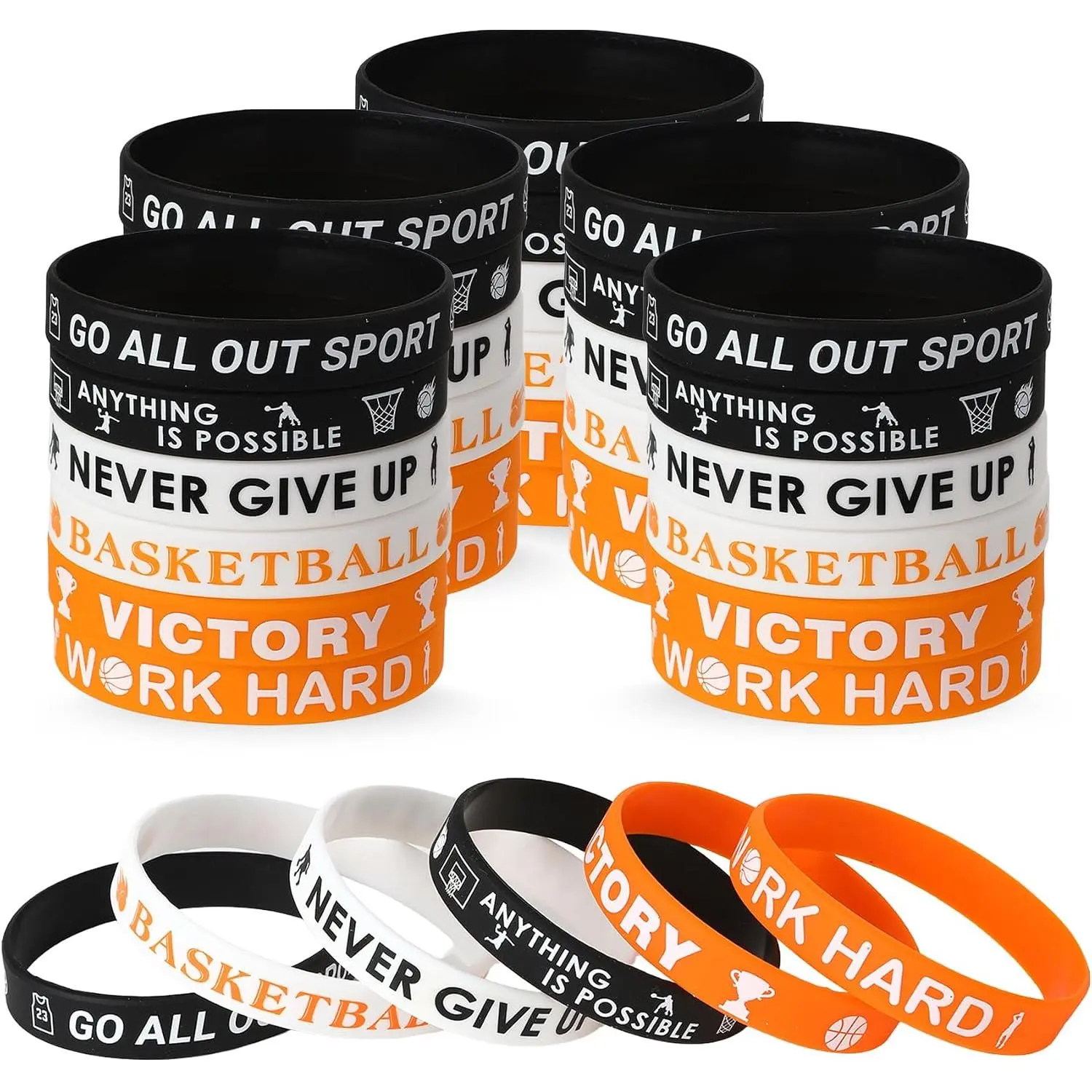 36 Pack Unisex Synthetic Sports-Themed Motivational Rubber Wristbands, Fashion Costume Jewelry Party Favors for Teens & Teams
