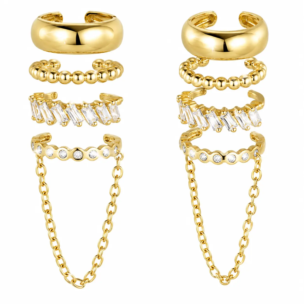14K Gold Plated Ear Cuff Set for Women – 4 Pcs Non-Piercing Ear Cuffs with Baguette CZ & Beaded Chain Design, Hypoallergenic Adjustable Ear Wrap Earrings, Lightweight Fake Cartilage Earrings Gift Jewelry