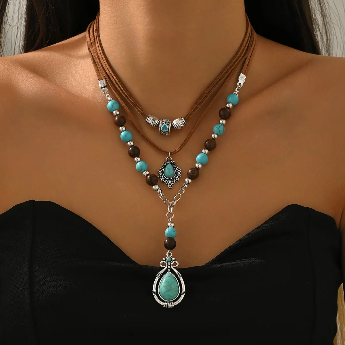 Women's Vintage Beaded Layered Necklace, Bohemian-Style Long Leather Chain with a Teardrop Turquoise Pendant-an eye-catching accessory for vacations and everyday wear, perfect as a gift for a best friend or a birthday present