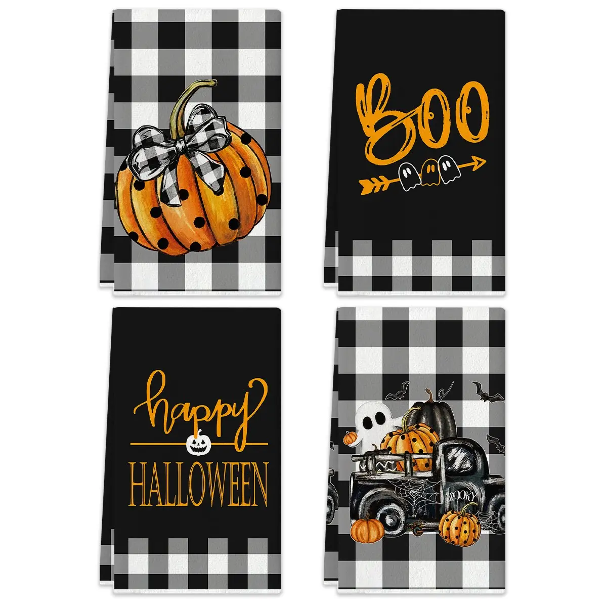 4Pcs Halloween Kitchen Towels, Ghost Jack-o'-lantern Vintage Truck Bat Buffalo Plaid Printed Dish Towels, Bow Spider Web Decorative Tea Towels, Absorbent Cleaning Towels, Vintage Fall Halloween Home Kitchen Decor Towels for Halloween Party