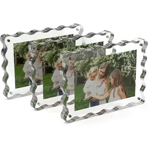 4x6 Double Sided Clear Magnetic Acrylic Picture Frames 10+10mm Thick Scalloped Freestanding Photo Frame for Desktop Display, 3 Pack