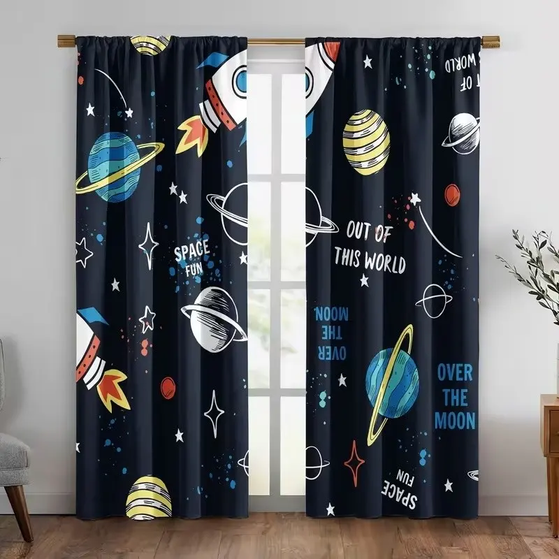 2 Piece Polyester 2D Starry Sky Curtains, Cartoon Universe Galaxy Pattern Rod Pocket Drapes, Bedroom and Living Room Decor, Window Curtain Panels