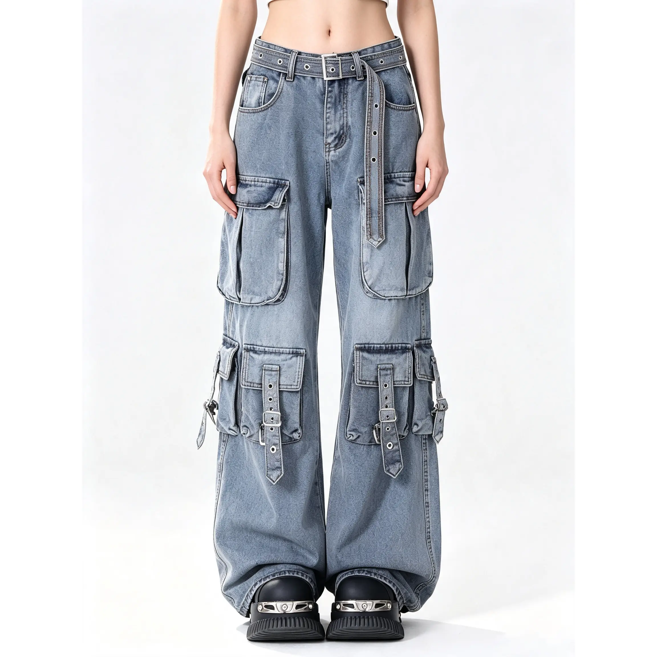 Women's Heavyweight Cargo Denim Jeans| Loose Straight Wide-Leg Streetwear Pants| High-Waist Multi-Pocket Utility Trousers