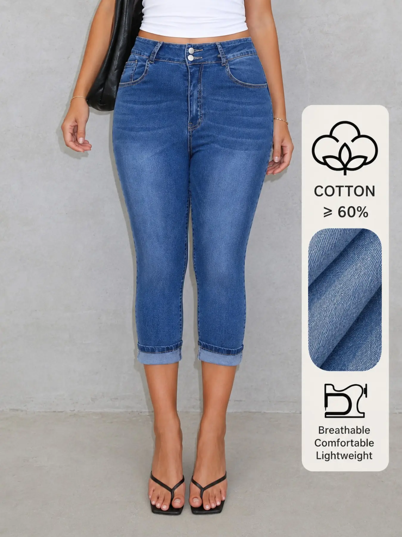 Plus Size High Waist Denim Jeans, Elastic Slim Fit Cropped Capri Pants, Casual Everyday All-Season Wear, Zipper Fly, Below the Knee, Solid Pattern