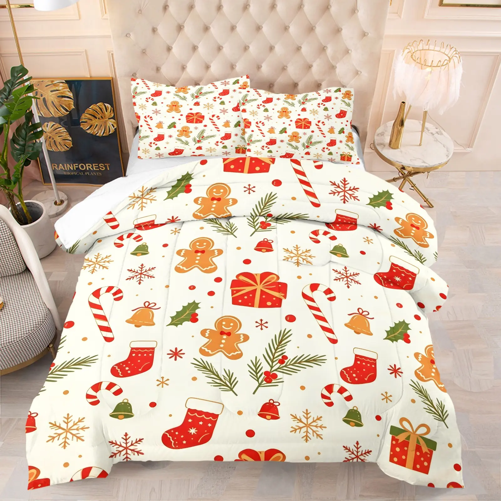 Comforter Set, Bedding Set, Christmas Digital Print Comforter Set, Gingerbread Man Candy Cane Gift Box Stocking Bell Snowflake Holly Pattern, U‑Shape Quilted Soft Breathable Bedding, Includes 1/2 Pillowcases - without Core, Xmas Bedroom Decor