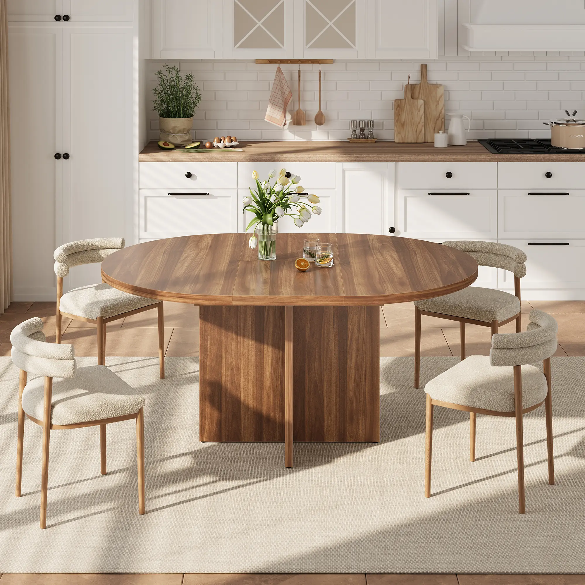 Extendable Round Dining Table – Black Wood Grain, Removable Leaf, Cross Wood Base – Space-Saving for Dining or Living Room