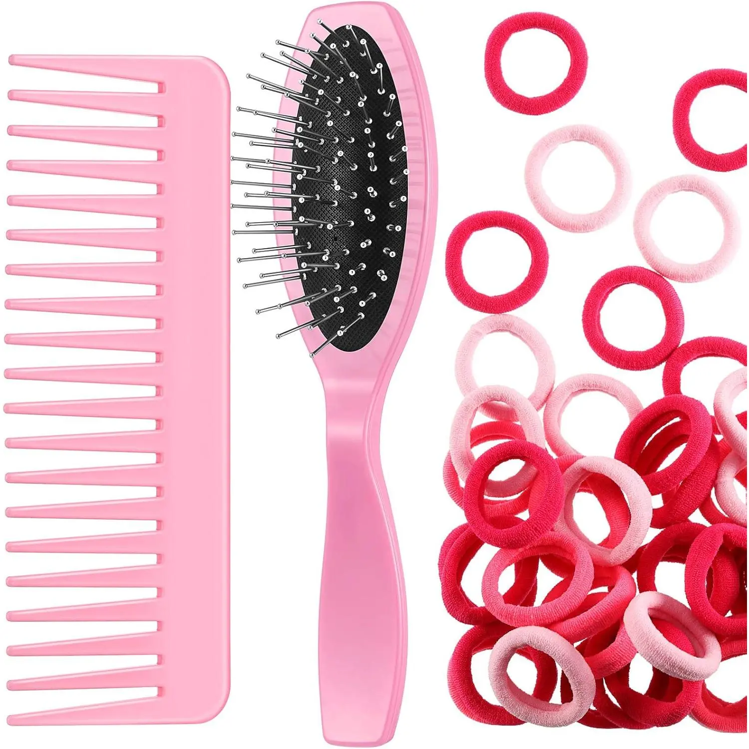 Unisex Doll Hair Care Large Pack - Detangling Aid Brushes + Ties Set, Doll Styling Wide Tooth Comb, Wig Wire Brush, 50 Nylon Ties (Light Pink)