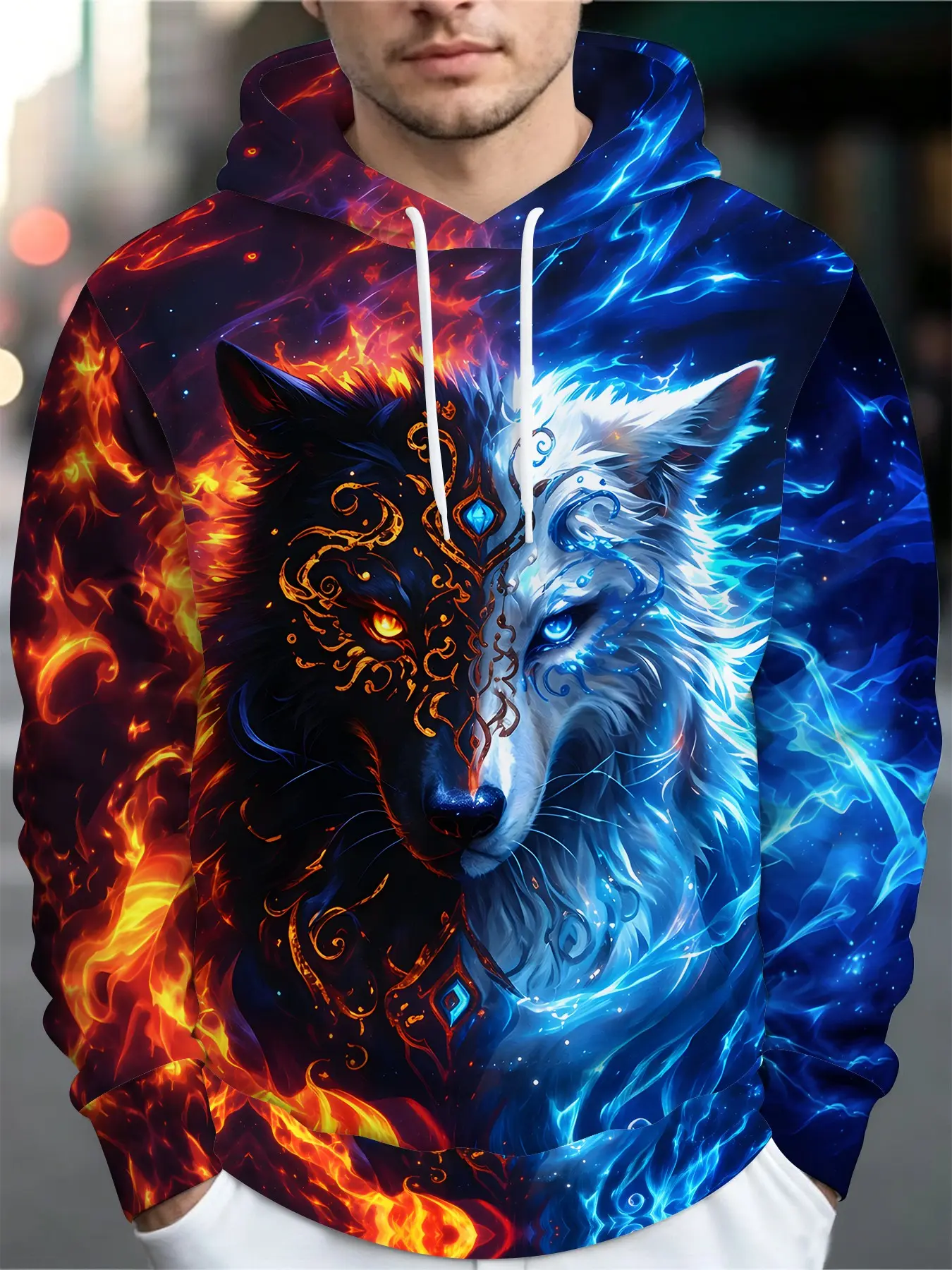 Fire and Ice Half-and-Half Wolf Flame Print Streetwear Brand Hooded Long-Sleeve Sweatshirt