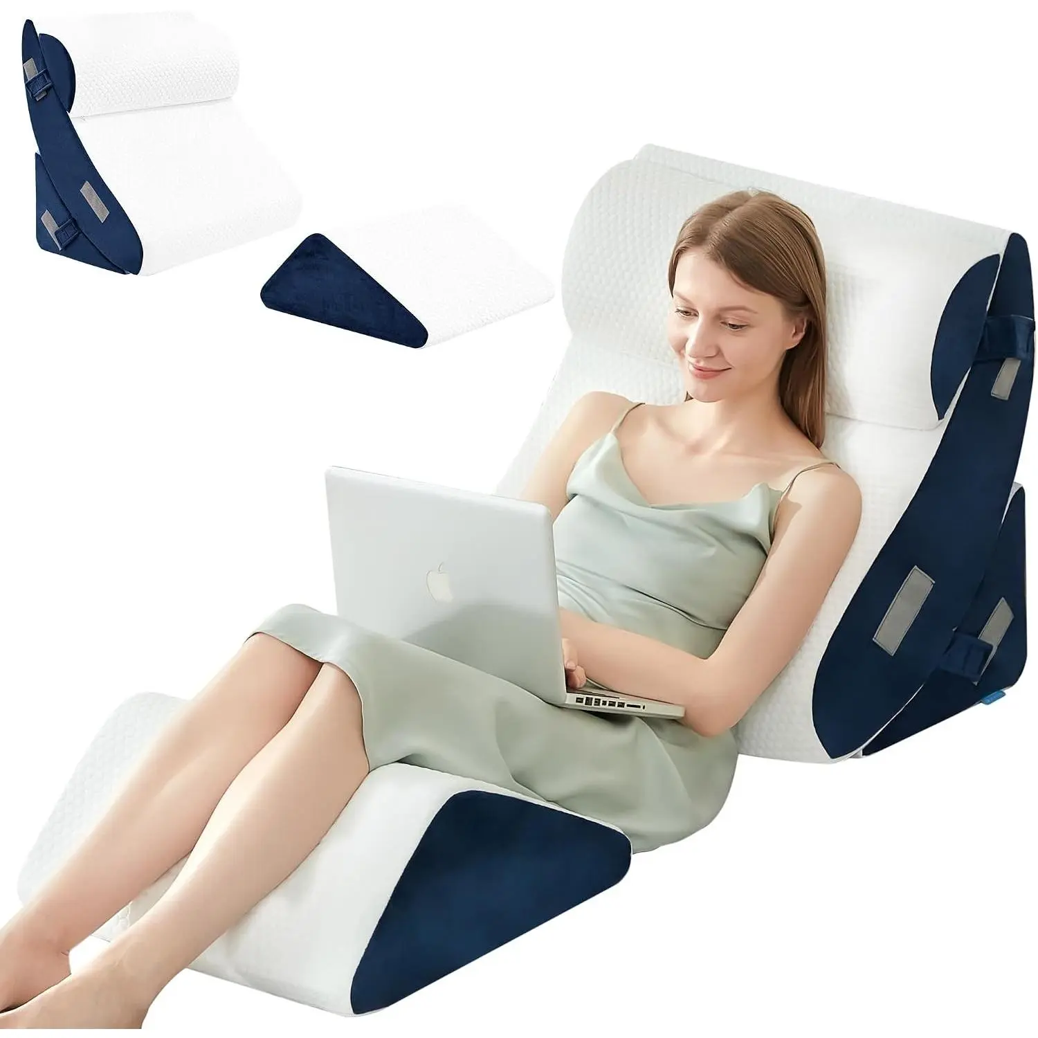4PCS Bed Wedge Pillow Post Surgery Orthopedic Sleeping Wedge Set for Back Neck Leg Pain Relief Acid Reflux GERD Memory Foam Support Pillows Navy