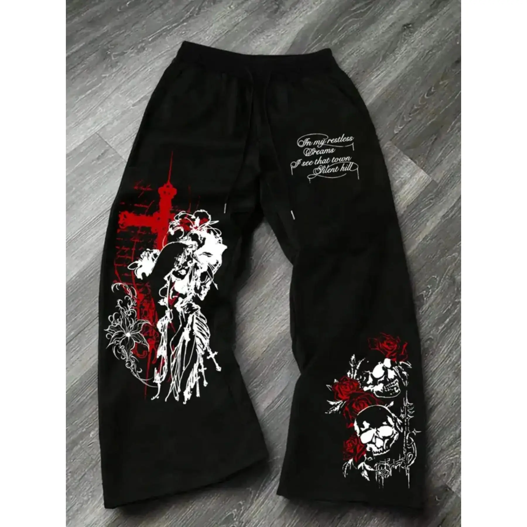 Y2K Gothic Graphic Print Baggy Sweatpants Oversized Wide Leg Streetwear Trousers for Men Women Opium Aesthetic Grunge Pants for Outdoor Skateboard & Rave Outfits