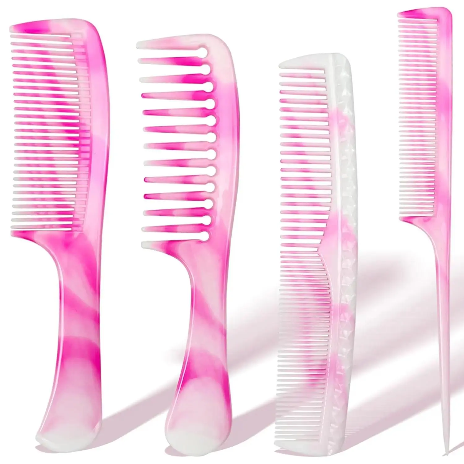 Unisex Lightweight Durable 4-Piece Pink Marble Pattern Comb Set - Rat Tail Detangling Kit for Wet or Dry Hair (Fashion Hair Accessory)