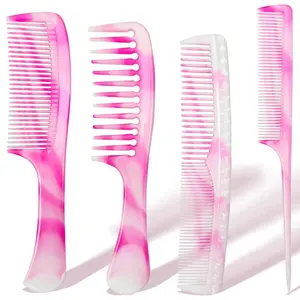 Unisex Lightweight Durable 4-Piece Pink Marble Pattern Comb Set - Rat Tail Detangling Kit for Wet or Dry Hair (Fashion Hair Accessory)