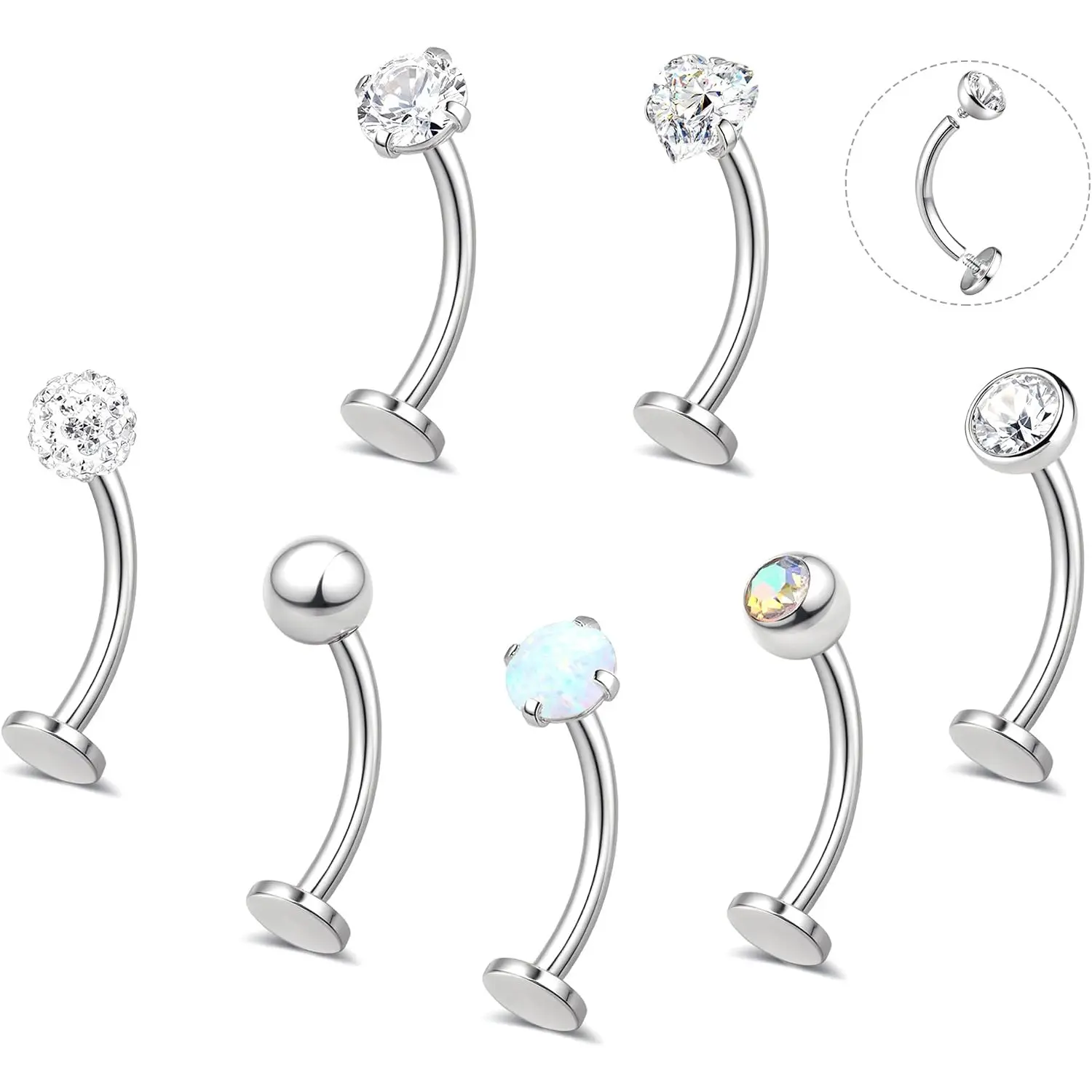 7Pcs 16G Belly Bars for Women, Hypoallergenic Surgical Steel Belly Button Ring Set, 14K Gold Plated CZ & Cat Eye Stone, Flat Back Floating Navel Piercing Jewelry, Gold/Silver, 12/14mm
