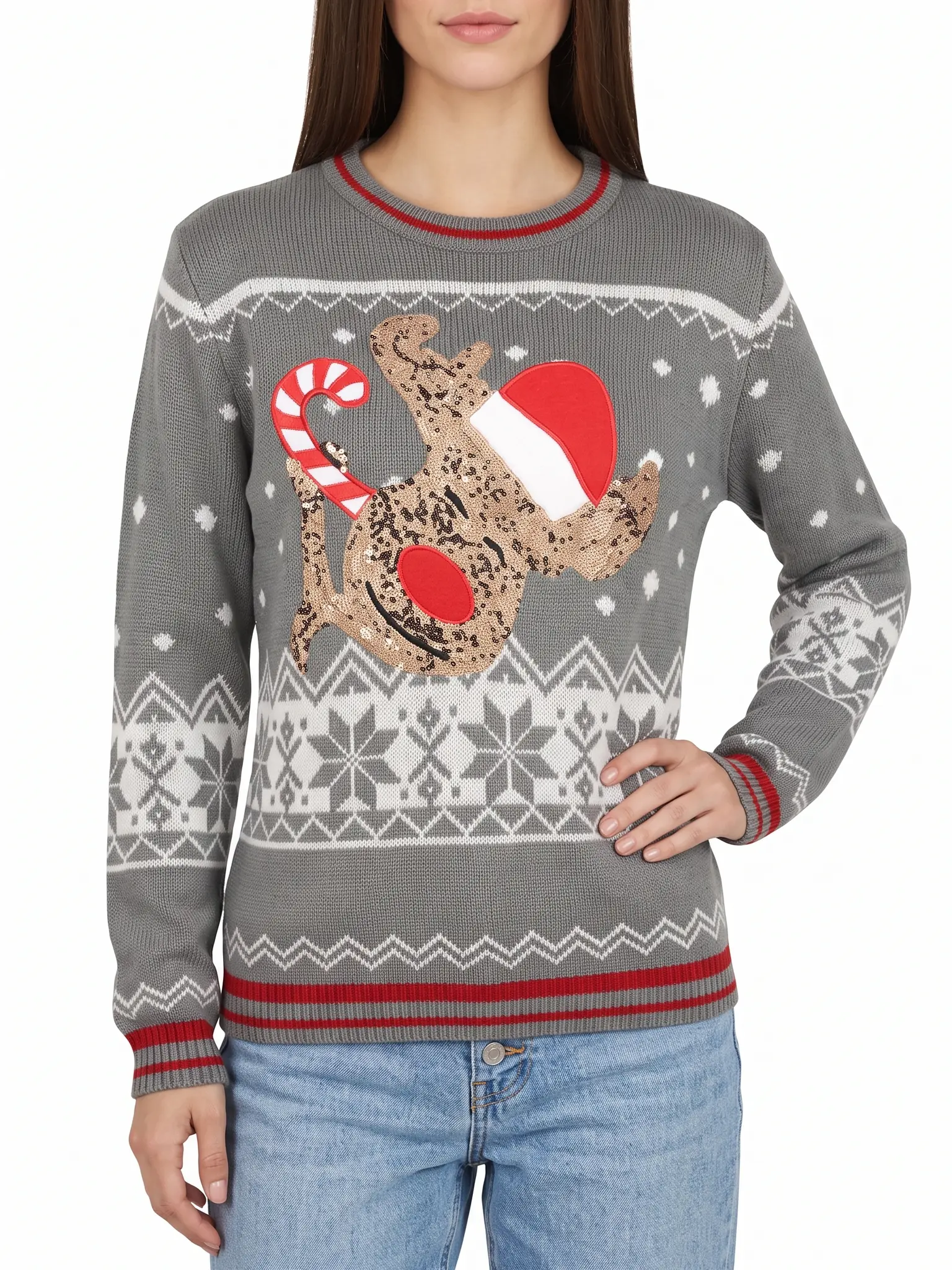 Women's Christmas Sweater with Sequin Reindeer, Winter Top for Holiday Celebrations and Festive Parties