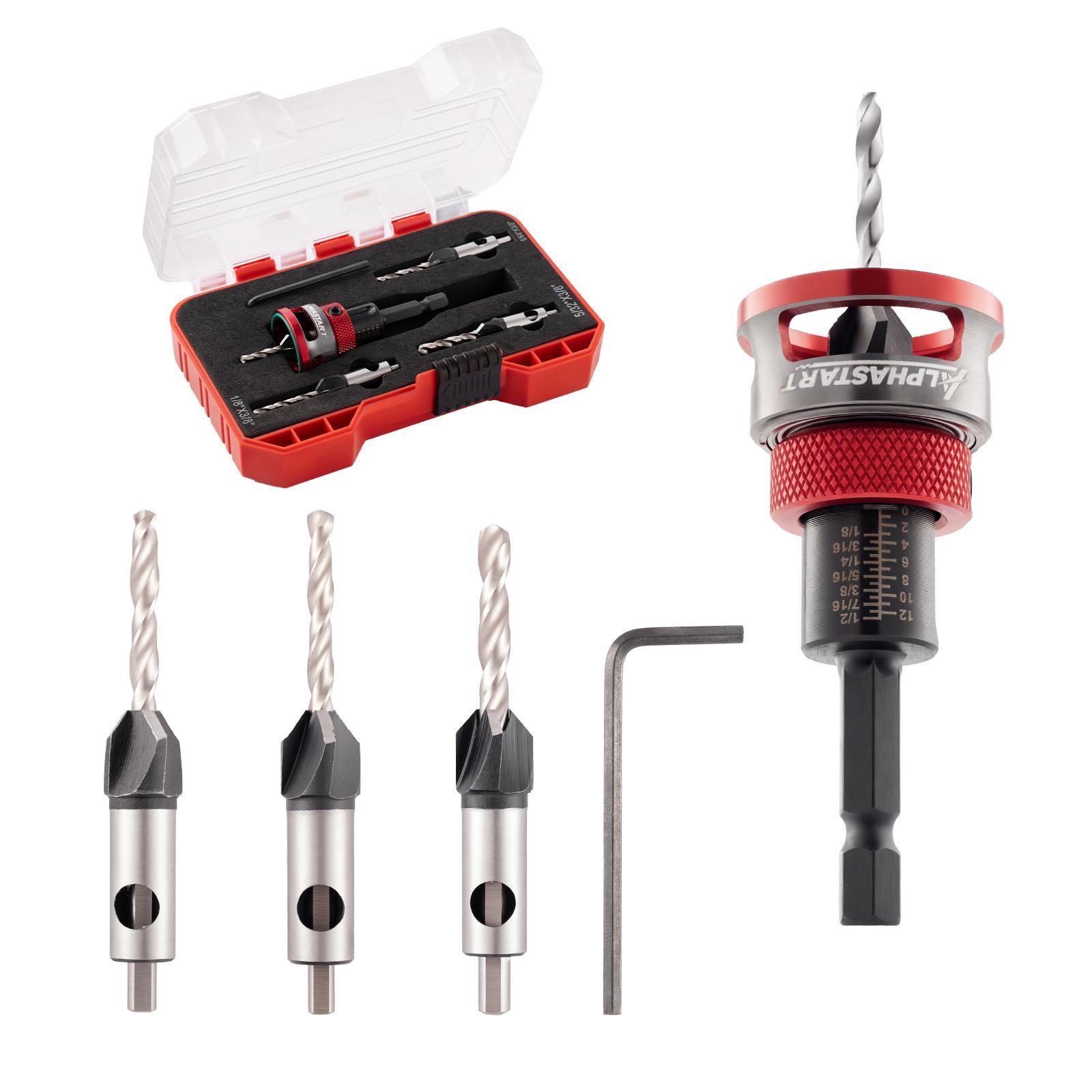 ALPHASTART 4PCS HCS (High Carbon Steel) 4-Blade Countersink Drill Bit Set with Adjustable Depth Stop, L-Shape Wrench, Work Tools for Precision Drilling, Suitable for Wood and Plastic, Tool Included for Drilling in Wood and Plastic ALPHASTART 4PCS HCS (High Carbon Steel) 4-Blade Countersink Drill Bit Set with Adjustable Depth Stop, L-Shape Wrench, Work Tools for Precision Drilling, Suitable for Wood and Plastic, Tool Included for Drilling in Wood and Plastic