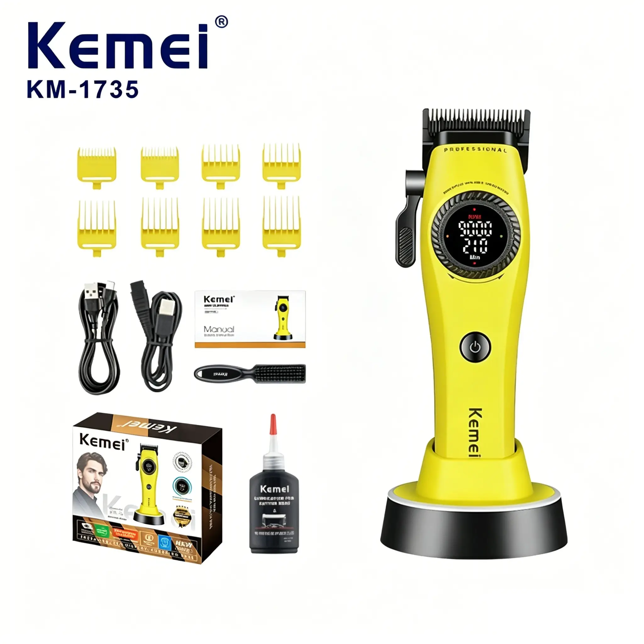 Professional Men's Electric Hair Clipper Km-1735, Long Runtime，Close Gapping ，Adjustable Speed 7000-9000 Rpm, Includes 8 Trimmer Combs, USB Charging, Home & Salon Use，Rounded Blade Tips, Cordless Hair Clippers