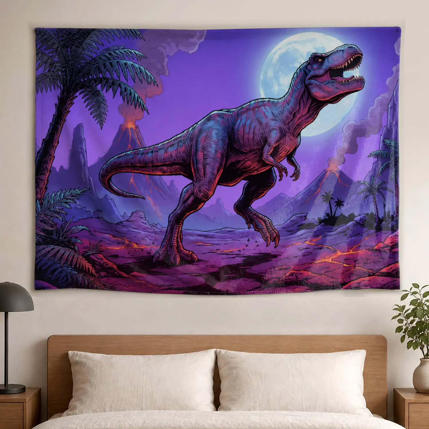 Neon Prehistoric Dinosaur Volcano Full Moon Wall tapestry,Large size Printed Horizontal Tapestry blanket,Polyester Fabric Wall Hanging for bedroom,living room,No Installation Required,Indoor,Outdoor,Gift for Family and Friends