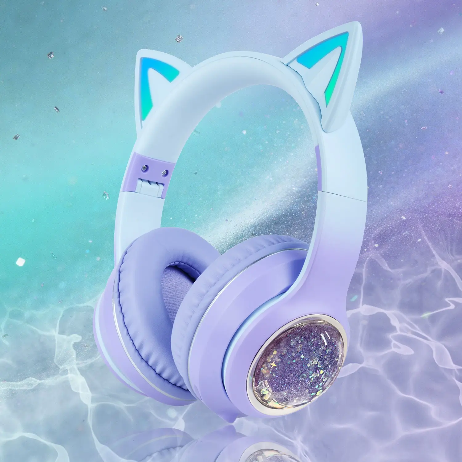 Cute Cat Ear Bluetooth Headphones, Audio Headphone, Wireless Over-Ear Headphones with Shiny Quicksand Glitter, Foldable Gaming Headset with Comfortable Earpads for Girls, Teens & Kids, Ideal for Gaming, Music, School & Travel, Great Gift Choice, Folding