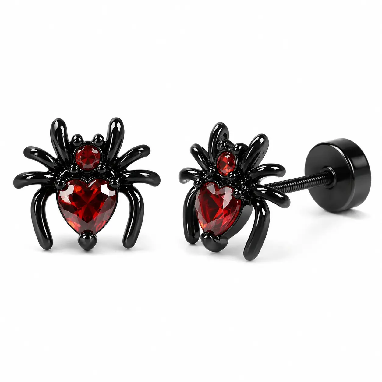 Spider and Bat Flat Back Stud Earrings, Red Crystal Stainless Steel Gothic Piercing Jewelry Pair