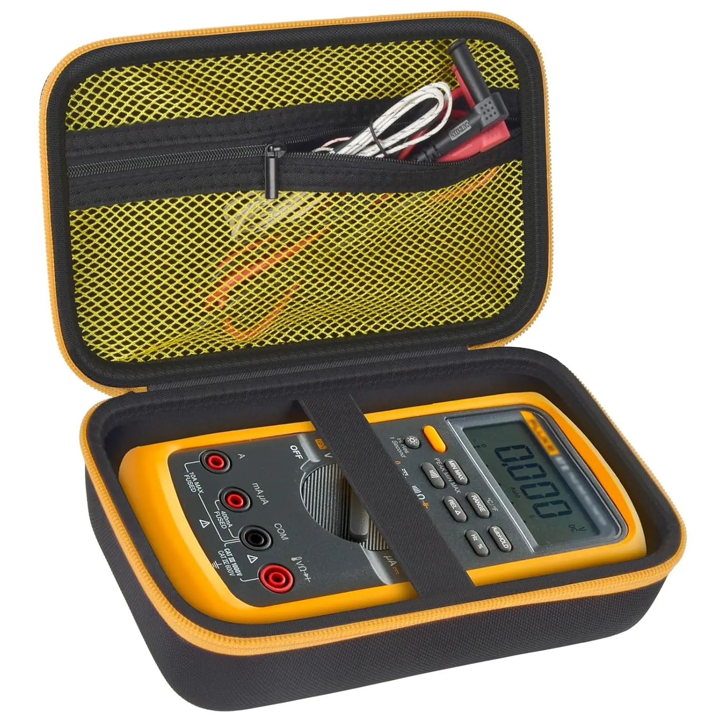 Hard Carrying Case for Fluke 87-V/ 88V/ 15B+/ 17B+ and More Digital Multimeter, Protective Travel Storage Bag - Black + Yellow Pocket
