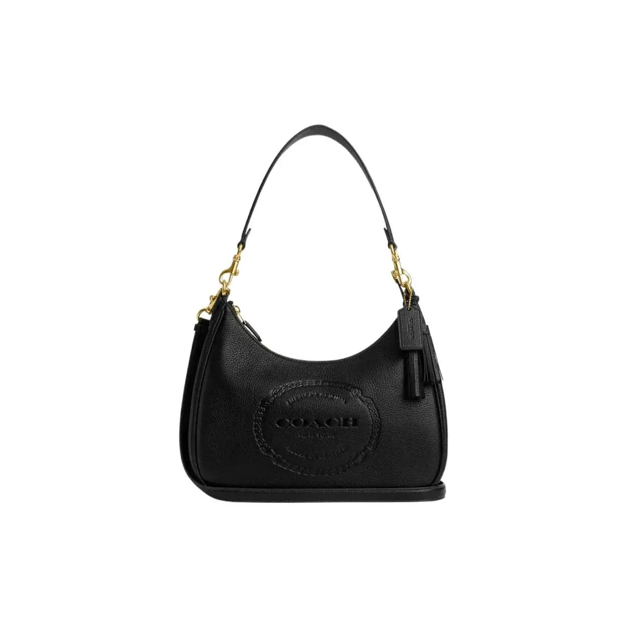 COACH Teri 29 Embossed Logo Flap Crossbody Bag for Women, Large Black Leather Satchel with Tassel Hardware