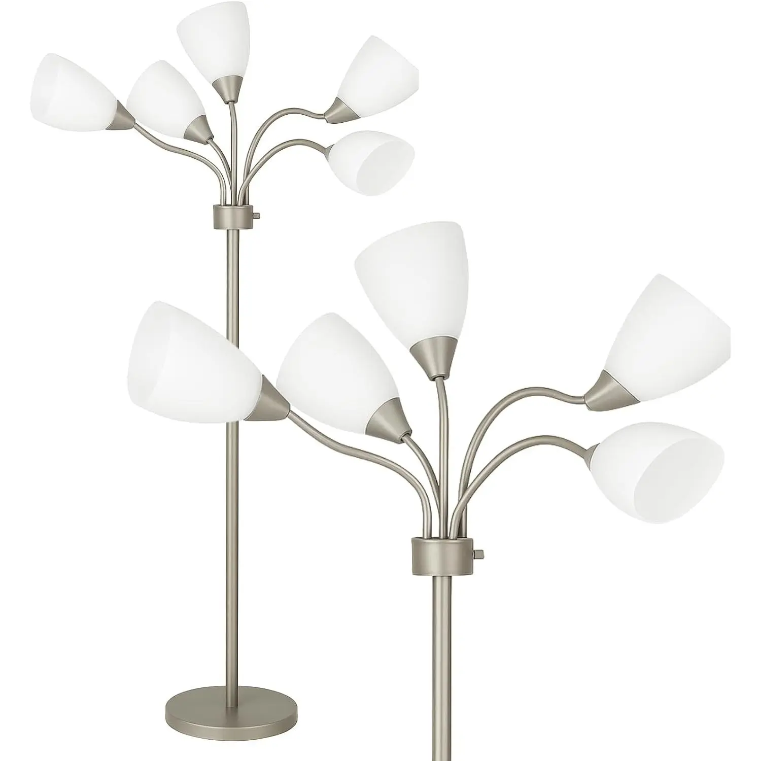Medusa 5-Light Floor Lamp – Silver Multi-Head Standing Lamp w/ 5 Adjustable White Acrylic Shades for Bedroom, Living Room, Office, Requires E12 Candelabra-Base LED Bulbs