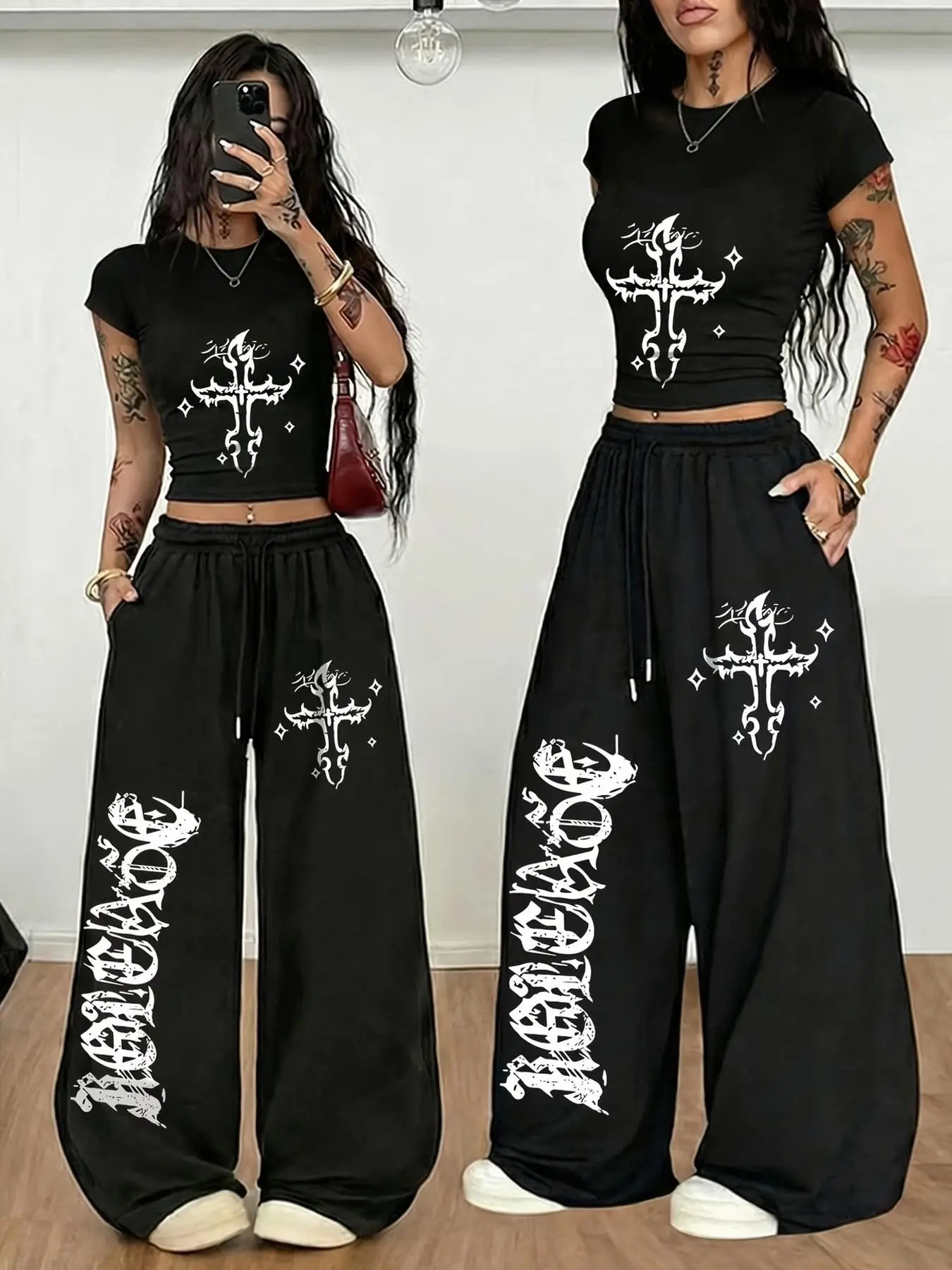 Women's Gothic Cross Print Two Piece Outfit, Release Graphic Crop Top and Wide Leg Pants Set, Goth Aesthetic Chic Streetwear Tracksuit for Teen Girls