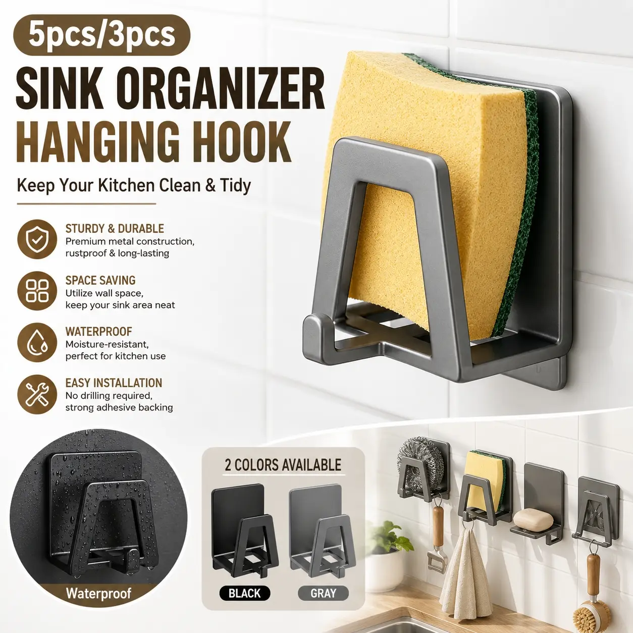 5pcs/3pcs Modern Metal Sink Storage Hooks with Adhesive - Kitchen Soap and Sponge Organizer - Carbon Steel Wall-Mounted Sink Rack, Decorative Sink, Space-Saving, Easy to Clean