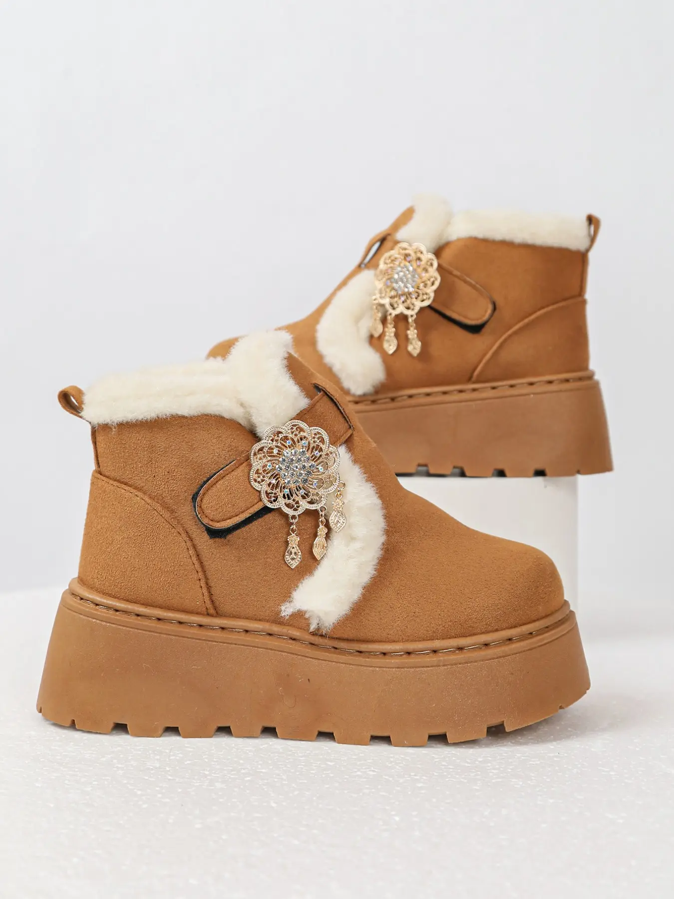 Women's Floral Rhinestone Pendant Thick Sole Snow Boots, 6cm Heel Height, Fuzzy Trim Short Tube Cotton Boots, Fall Winter Warm Anti-Slip Shoes