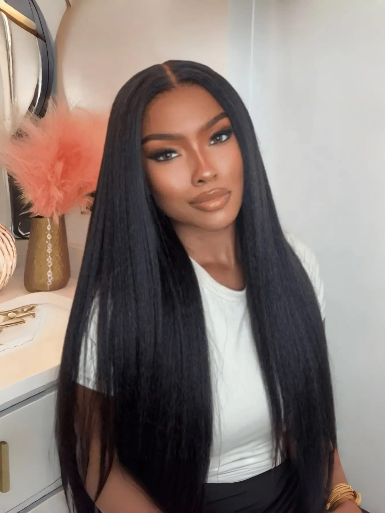 Trendy Natural Ultra-Soft 28-Inch 180% Density Lace Front Wig, Yaki Straight Hair Pre-Pulled, Daily Use Synthetic Wig, Lace Frontal Wigs