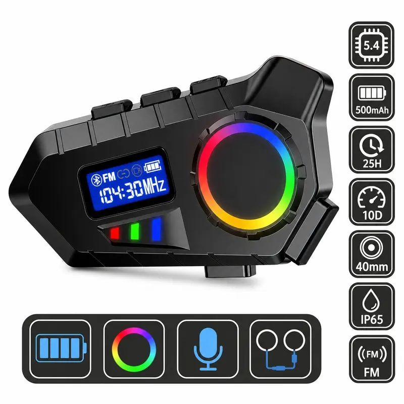 Motorcycle Helmet Bluetooth Headphones, Bluetooth 5.4 Helmet Speaker with 10m Range, 40mm Speaker, FM Radio and IP65 Protection
