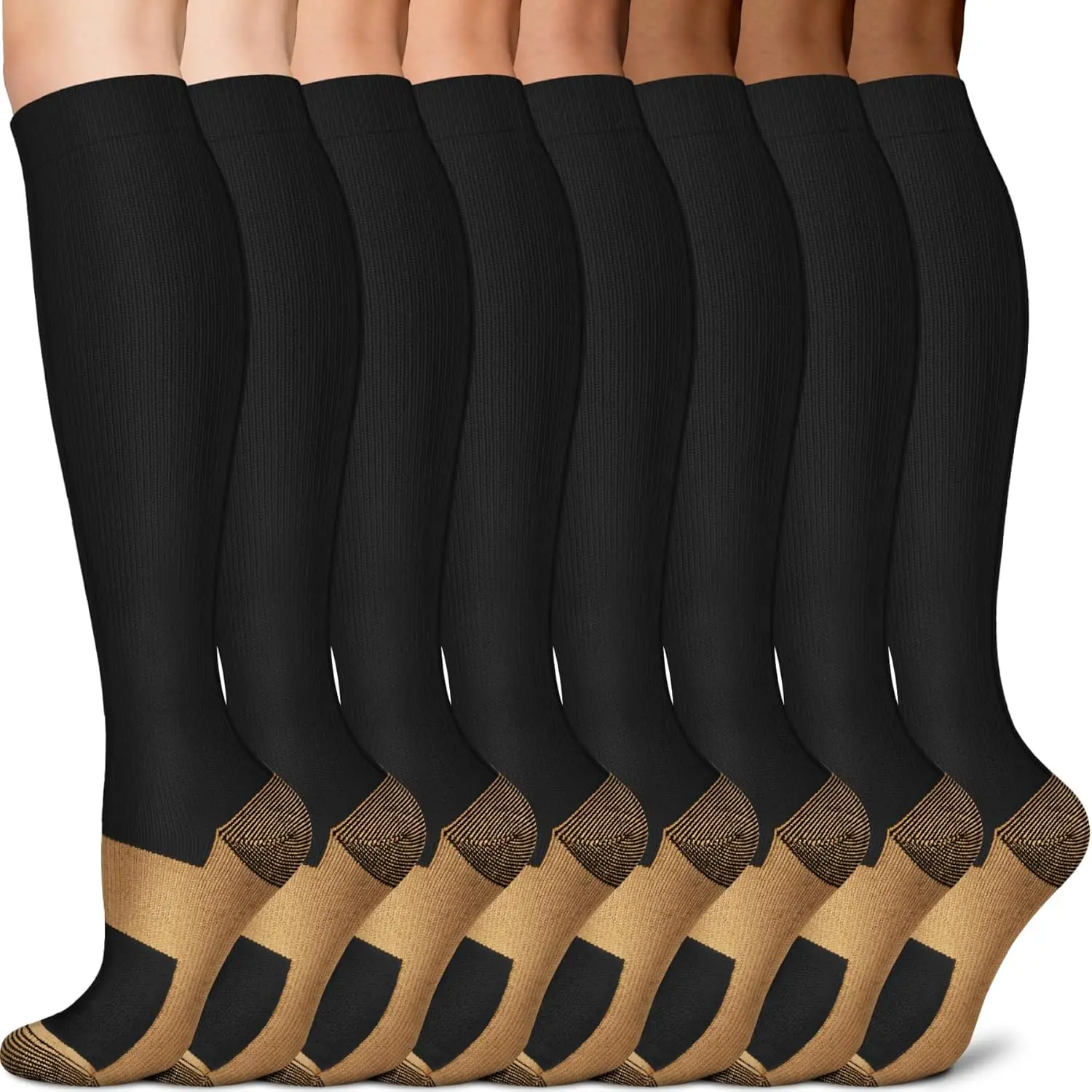 Unisex Copper Compression Stockings (02 Black 02 - Copper), 8-Pack 15-20mmHg Knee-High Socks for Male Running Support, Adult Athletic Use