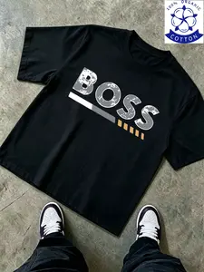 100% Organic Cotton Men's Boss Camo Letter Print Loose Fit T-Shirt, Casual Street Style, Short Sleeve, Asymmetrical Design, Long Clothing