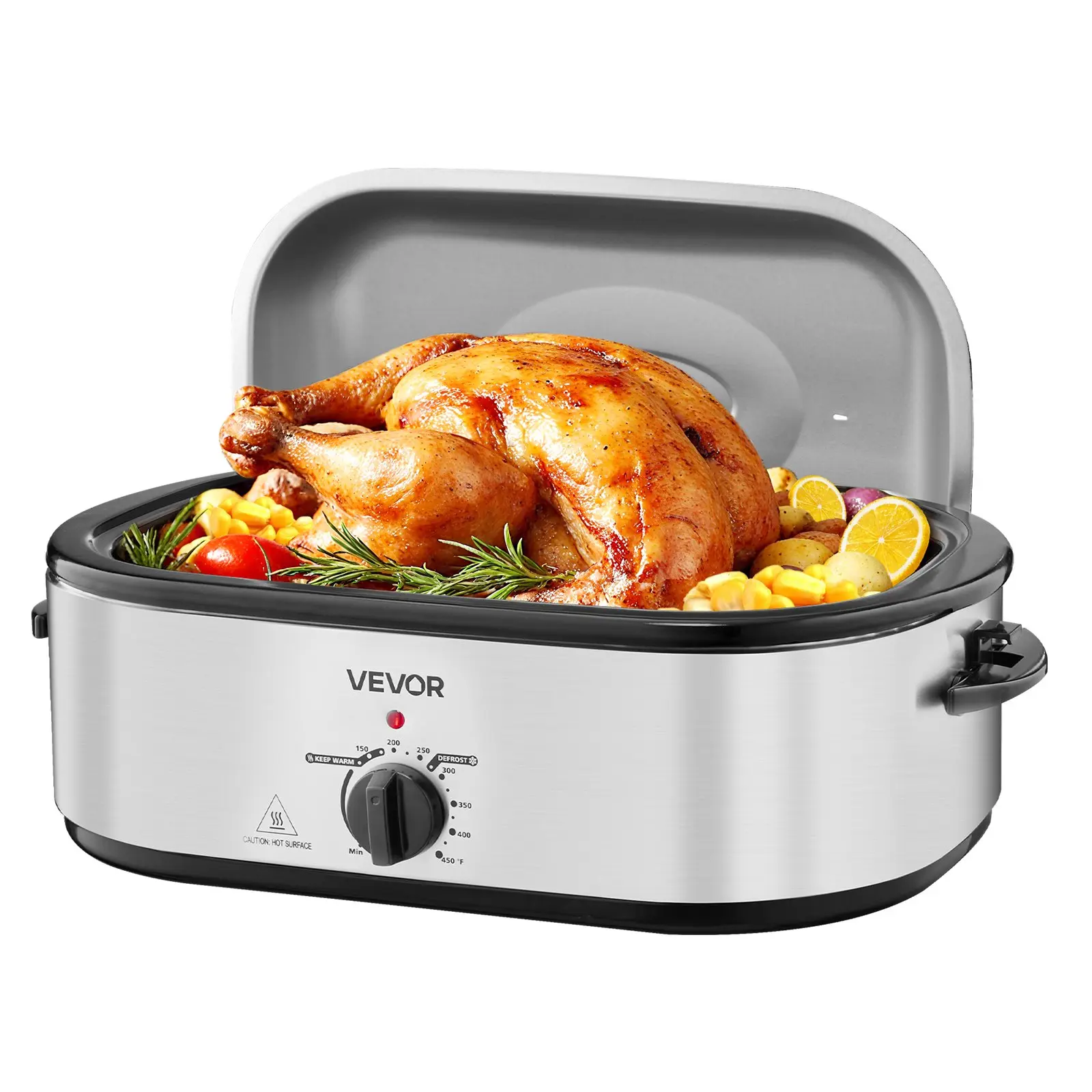 VEVOR Roaster Oven, 20QT Electric Roasting Pan, 150-450 Adjustable Temperature Fast-Cooking Turkey Roaster, Turkey Oven with Self-Basting Lid, Defrost Warm Function for Home, Fits 24lb Turkey