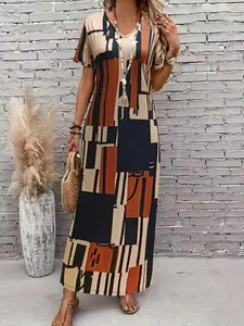 Women's New Summer Fashion Dress, V Neck Print Long Dress, Slimming and Elegant, Trendy Ladies' Clothing, Perfect for Warm Weather, Casual Wear