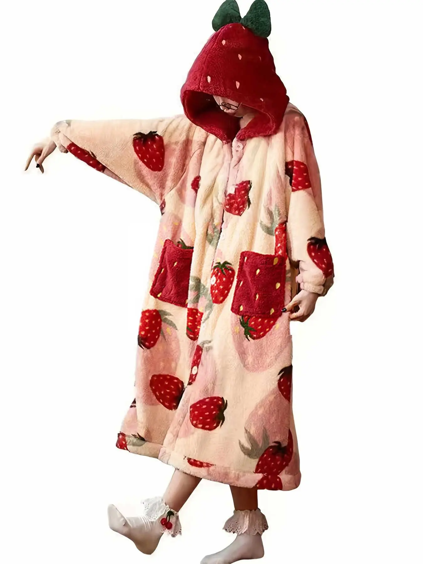 New Strawberry Women's Sleeprobe Bathrobe, Autumn Winter Coral Fleece Warm Loose Fitting Sleepwear Home Wear, Lazy Hooded Blanket, Christmas Gift for Girlfriend, Fruit Print Pajamas, Fluffy Pajamas