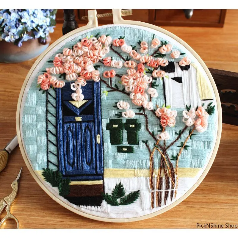 Embroidery Kit for Beginners, DIY Craft Set with Architectural Garden Printed Synthetic Fabric and Hoop, Creative Home Decor Project