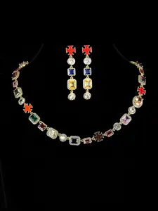 Iced Chics 2pcs/set Colorful Zircon Cross Necklace and Earrings, Unisex Hip Hop Style, Perfect Gift for Friends, Daily Wear Jewelry