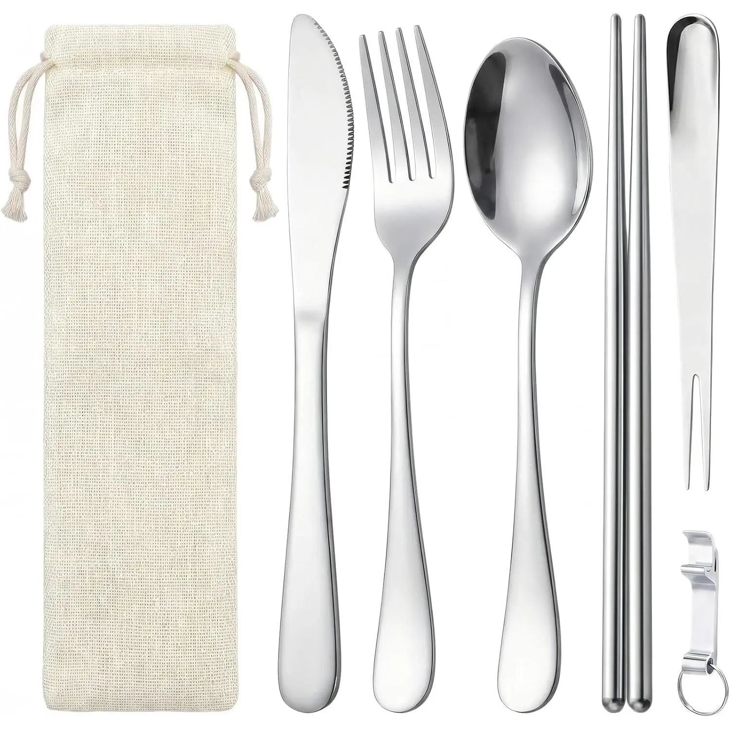 Travel Utensils Set with Case, 6 count Stainless Steel  Silverware – , Fork, Spoon, Chopsticks, Fruit Fork, Bottle Opener, Portable Travel Cutlery Set for Lunch Box, Work, Camping, Picnic