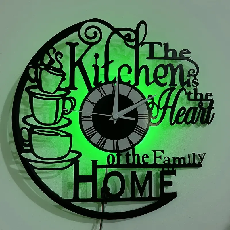 Handcraft Vinyl Record Wall Clock, Vintage Unique Kitchen Is Heart of Home Family Theme 7 Color LED Lights, Silent Wall Clock, Perfect for Office, Kitchen Decor, Christmas, Valentine'S Day, New Year, Vinyl Clock, Decorative Wall Clock, Home Wall Art