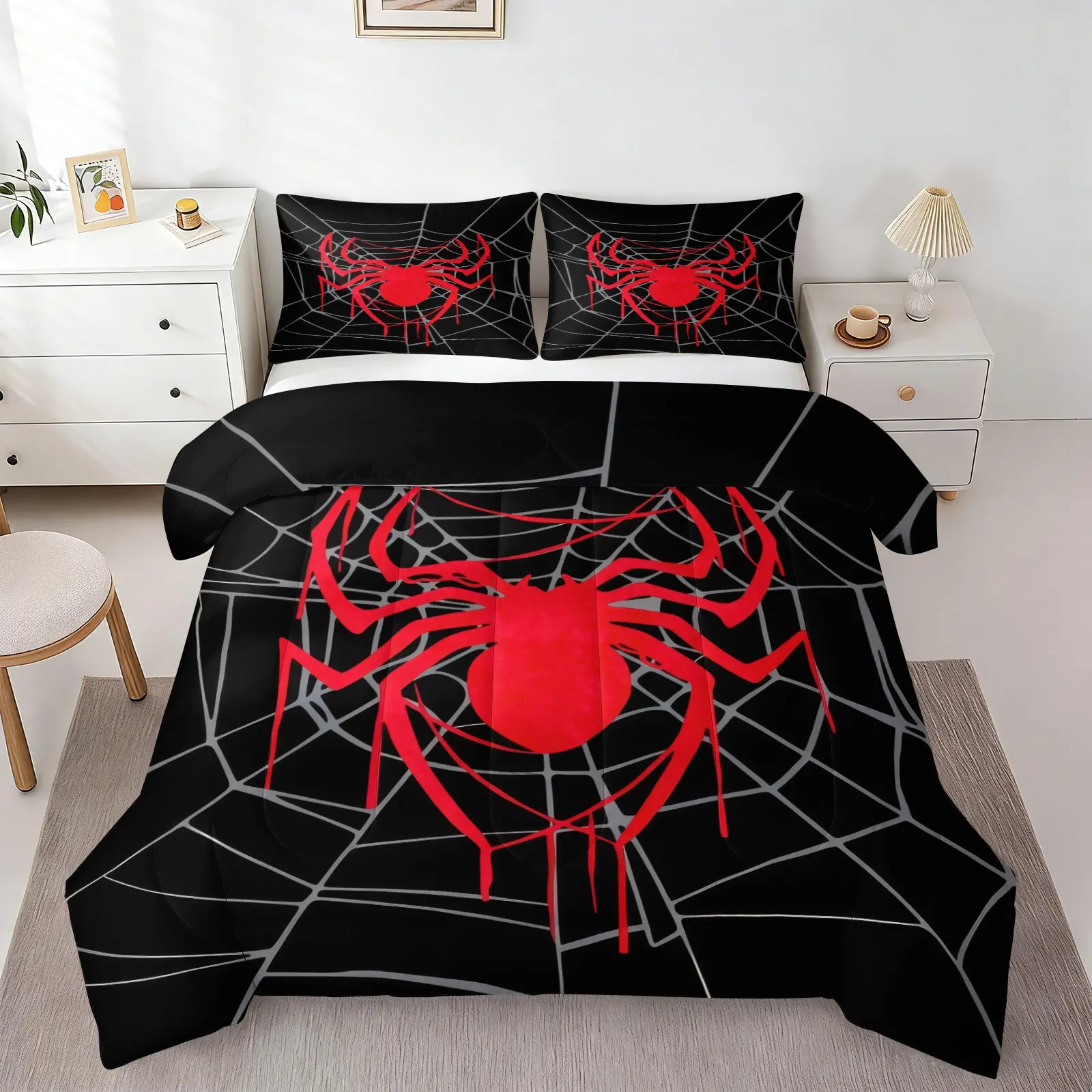 2/3Pcs Red Spider Web Comforter Set, 1 Quilt & 1/2 Pillowcase No Pillow Insert, Black Dark Gothic Print Decorative Bedding Set, Soft All Season Fabric, Printed Bedding Set, Cool Gift for Teens Boys Comic Fans Bedroom Decor