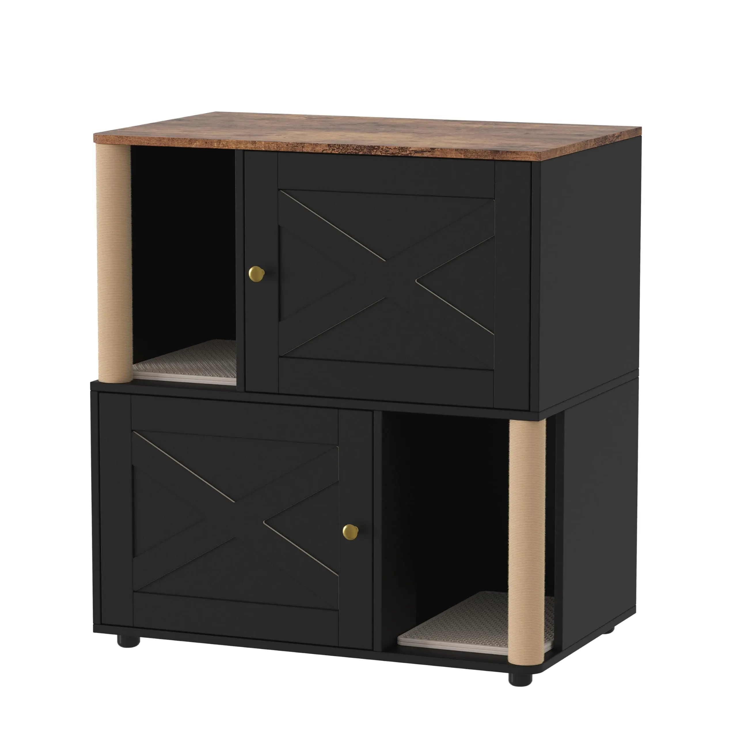 Garvee Double Cat Litter Box Enclosure Furniture for 2 Cats – Modern Farmhouse Wooden Cabinet, Mark Post, Odor Control, Dog-Proof, Litter Mats, Hidden Washroom, End Table – X-Door Black